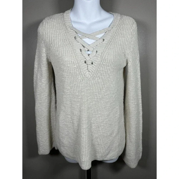 Abercrombie and Fitch Sweater Womens White Small Knit Stitch Coastal V Neck Neck - Picture 1 of 9